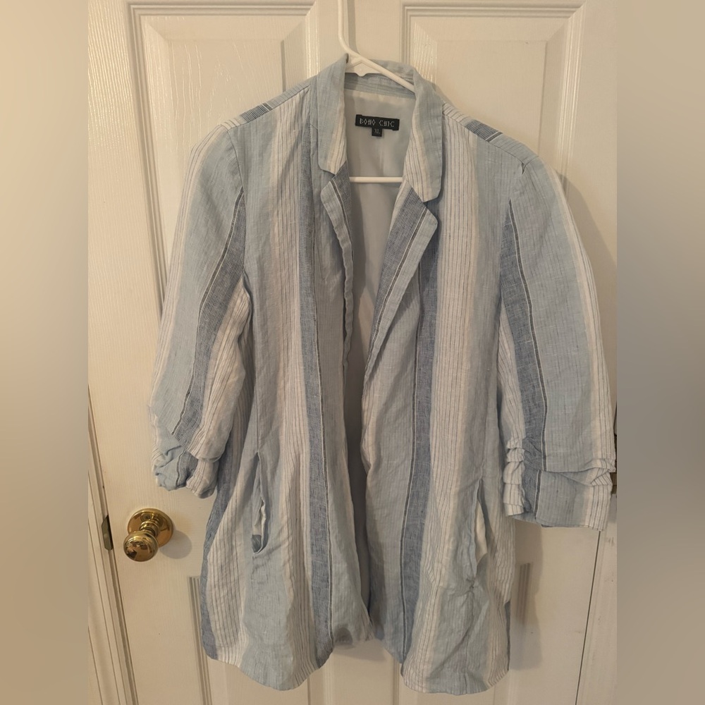 Bo Ho. Striped Open-Front Linen-Blend Jacket in Light Blue/White